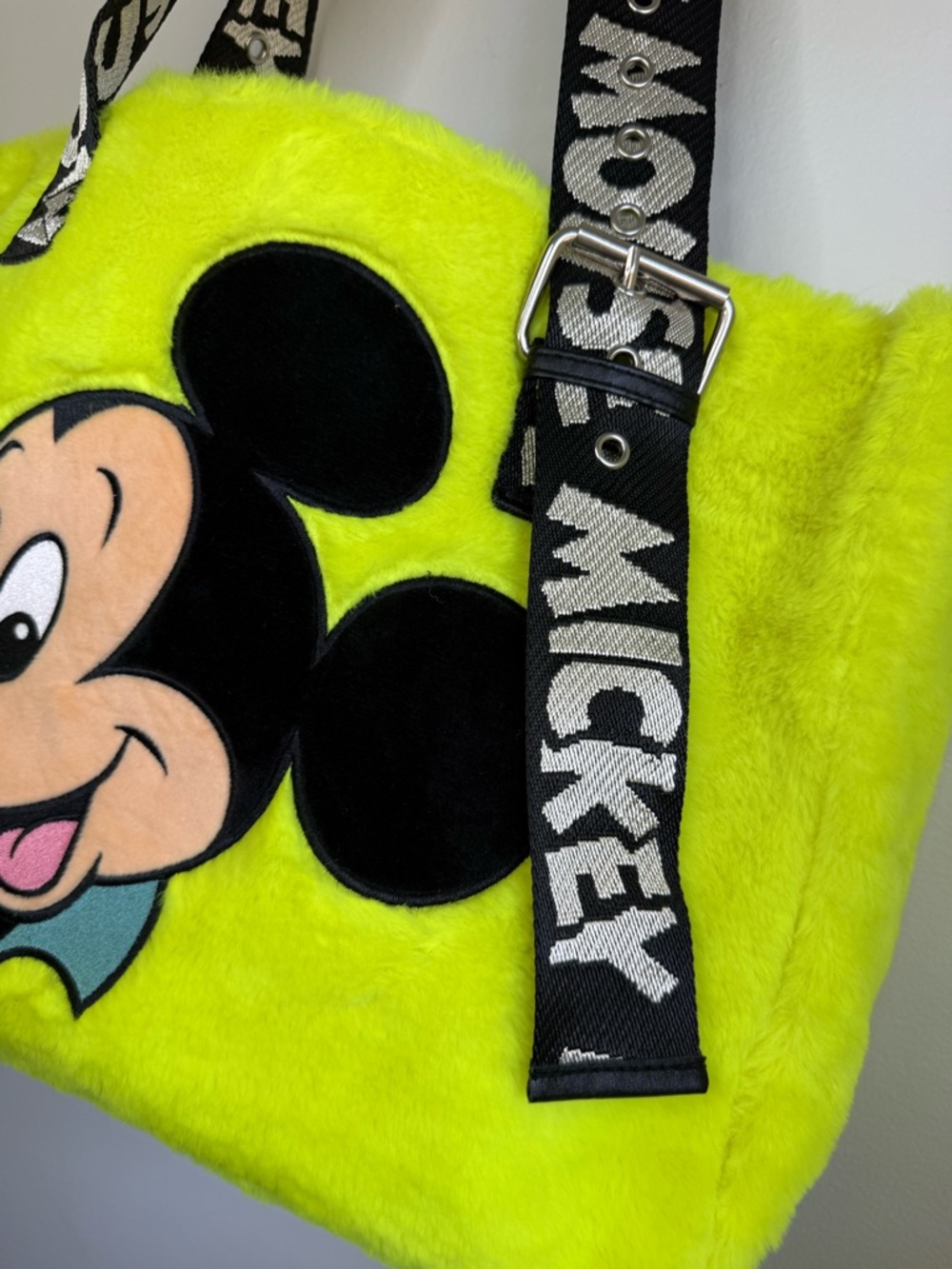 Disney Parks Mickey Mouse Faux Fur Neon Yellow Tote Bag - Picture 4 of 6